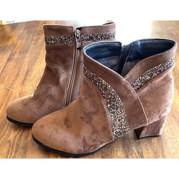 Brown Boots Womens Size 10 Suede & Glitter Ankle Boots Side Zipper & Chunky Heel - Picture 1 of 13